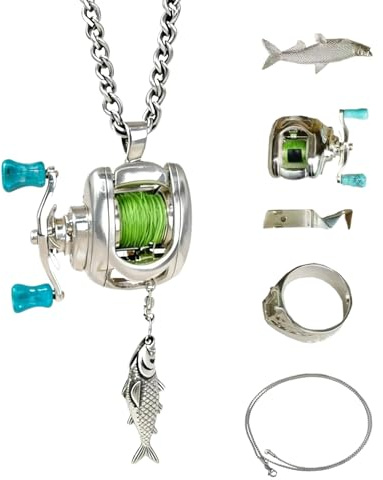 Fiskedrag rulle halsband, mini fiskerulle hänge halsband, järnkonstruktion, 30 x 6 cm storlek, roterande handtagsdesign med fiskberlock, grön linje, silverkedja för daglig användning