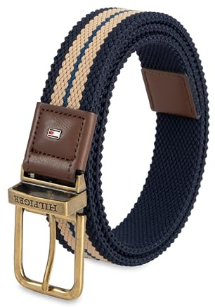 Tommy Hilfiger Men's Reversible Fabric Stretch Belt, Tan/Navy, Medium
