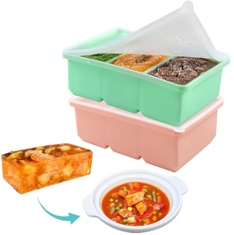 2 Pieza Moldes de silicona para sopa para congelador con tapas,Bandeja de Silicona para Congelador,Apilables Silicona para Cubitos de Hielo Molde, con 3 Compartimentos,300 ml ﻿