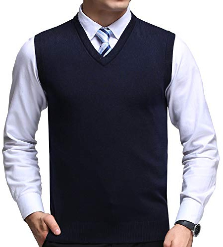 FULIER Mens Winter V-Neck Sleeveless Vest Classic Business Gentleman Knitwear Knitted Waistcoat Sweater Cardigans Tank Tops (Medium, Navy)