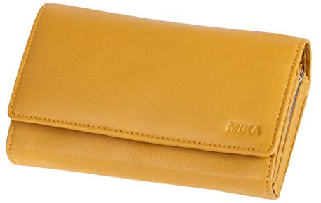 MIKA 42164 - Damengeldbörse aus Echt Leder, Portemonnaie im Querformat, Geldbeutel mit 6 Kartenfächer, 4 große Fächer als Scheinfächer und doppeltes Münzfach, Brieftasche gelb, ca. 17 x 10 x 4,5 cm