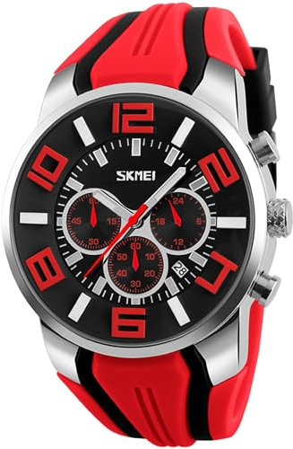 findtime Sport Uhr Herren Chronograph Militär Uhr Analog Quarz Silikon Armbanduhr für Männer Jungen Große Zahlen Datum Timer Herrenuhr Rot