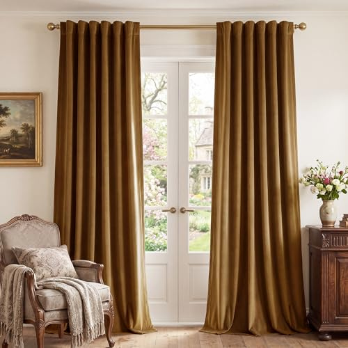 StangH 120 inches Velvet Curtains for Living Room, Vintage Gold Brown Blackout Thermal Insulated Window Curtain Panels for Sliding Glass Door/Hall/Villa, W52 x L120, 2 Panels