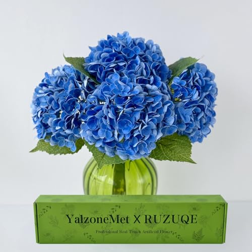 YalzoneMet 3 st 53 cm konstgjord djupblå hortensia naturlig verklighetstrogen verklig beröring falsk stor kunglig hortensia för hemmafest utomhus bröllopsdekor bord bordsuppsats konstgjord blomma