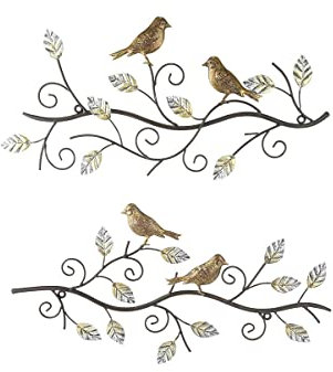 Generisch 2-er Set Wanddeko ''REFI'' Metall Relief Ast Vögel auf einem Ast Wandschmuck 3D Bild Metalldeko Metall Metallbild Dekoration, Gold, 49 x 24 cm