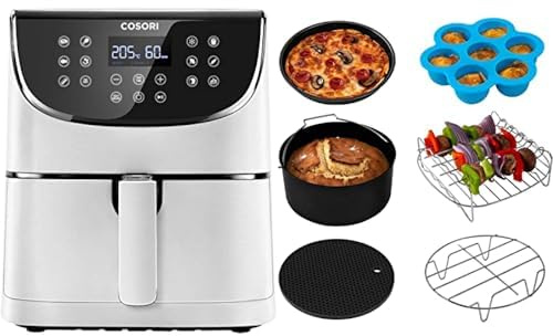 COSORI Friteuse sans Huile à Air Chaude 5,5L, Air Fryer avec 11 Programmes & Accessoires de Friteuse sans Huile 5,5 Litre, Plateau à Pizza/Corbeille à Pain/Support en Métal/Moule à Cake