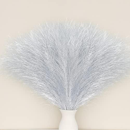 Faux Pampas Grass Boho Decor, Pusuny 5PCS 18 Silver Artificial Pompas for Farmhouse Home Office Wedding Party Decoration, 9 Fluffy Branches | Each Stem Pampas as Vase Filler (Silver)