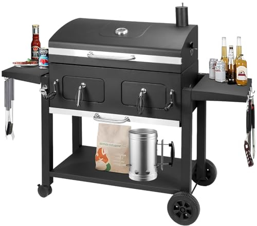 DNKMOR Holzkohlegrill für den Außenbereich, extra große Kochfläche, 200 cm², mit zwei individuellen und verstellbaren Holzkohleschalen, faltbare Beistelltische für Outdoor-Kochen, Camping, Picknicks