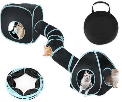 Mfsdai 3 in 1 Katzentunnel Outdoor,Interaktive Katze Spieltunnel katzenlaufrad Faltbare Pop Up Katzenspielzeug Katzenzelt Rascheltunnel für Innen Katze Kaninchen(Blau Schwarz)