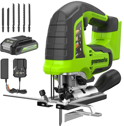 Greenworks - Sierra de calar sin escobillas de 24 V, 1 batería de 2 AH + adaptador de 2 A, 6 cuchillas (4 hojas de sierra para carpintería 2 hojas de sierra para metal)