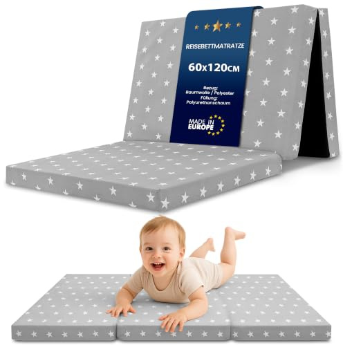 Vikbar madrass hopfällbar resebädd babymadrass 60x120 cm - Hopvikbar madrass för barn gästmadrass vikbar babymadrass golvmadrass sovmadrass och resemadrass Stjärnor och grå