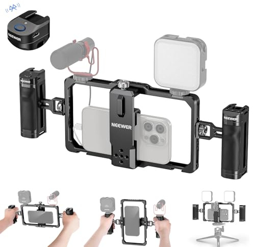 NEEWER Universal Phone Jaula Video Rig con Disparador Bluetooth Mango Lateral cómodo Asas estabilizador para teléfono móvil para Video, Phone Cage Compatible con iPhone 15 Pro MAX 15 Pro Galaxy S24