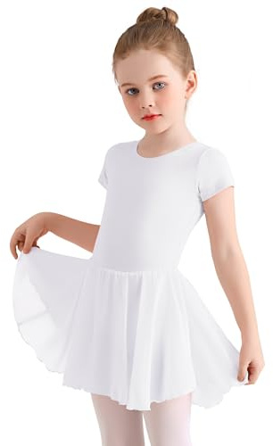 Eisnnu Ragazza Vestito da Balletto Vestito Danza Tutu Body Ginnastica Cotone Manica Corta con Chiffon Gonna Adatto all'età 2-11 Anni(Bianco,140)