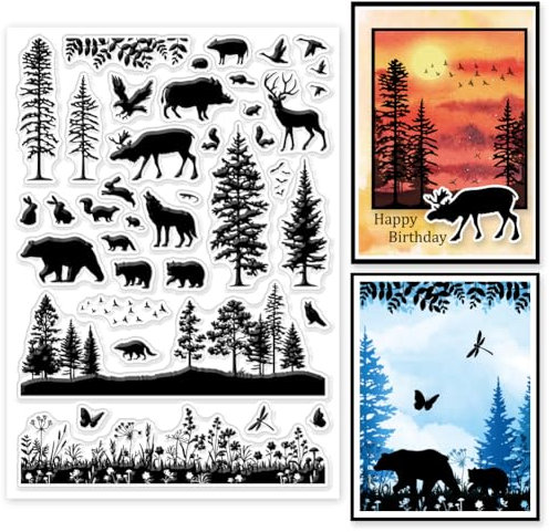 GLOBLELAND Klare Stempel Mit Waldtier Silhouette Waldhintergrund Klare Gummistempel Pflanzen Und Blätter Silikonstempel Für DIY Scrapbooking Fotoalbum 5.83x8.27zoll