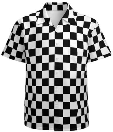 Keiutexe Black and White Checkered Shirts for Men Hawaiian Shirt Beach Summer Outfit Party Shirt Short Sleeve Button Up Shirt Mens Top Large