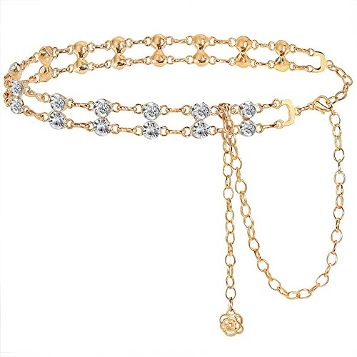 Blausky 1 styck dam tunt metallbälte, kedjebälte, midjekedja med strass, metallbälte, flickor dubbelradiga kedjor, bälte, höftkedja, strass, midjekedja, bälte, för jeansklänning, guld, Strass