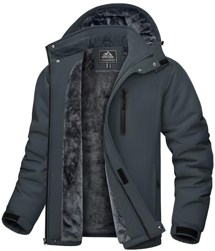 KEFITEVD Mens Waterproof Ski Jacket Winter Fleece Sport Jacket Warm Outdoor Walking Windproof Coat with Hood Carbon Grey L