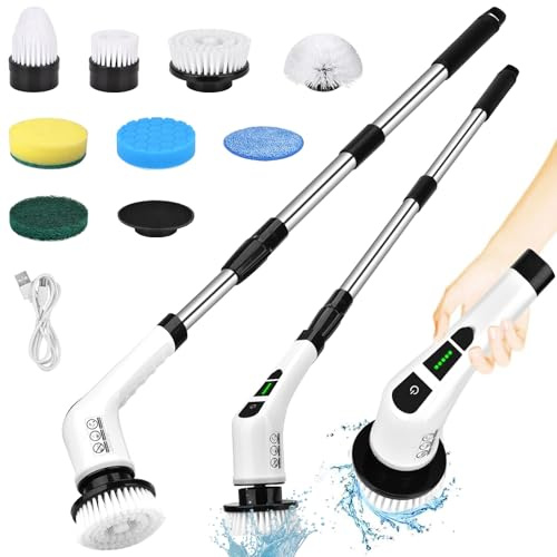 Pangutiandi Cepillo de limpieza eléctrico giratorio, cepillo de limpieza eléctrico inalámbrico con 8 cabezales de cepillo reemplazables y mango ajustable, limpiador de bañera y azulejos de piso 360