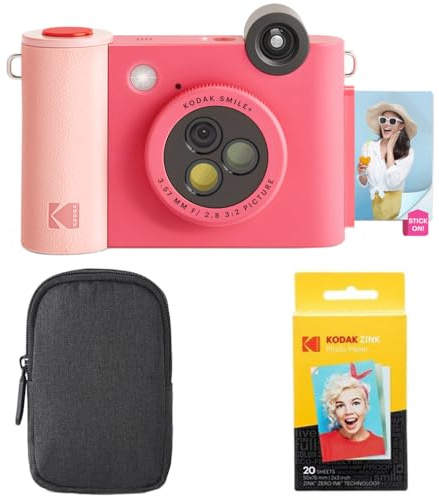 KODAK Smile+ 2-in-1 Digital Instant Camera & Photo Printer Starter Bundle - Case + Zink 20pk Paper - 10MP, Rotating Lens - Fuchsia
