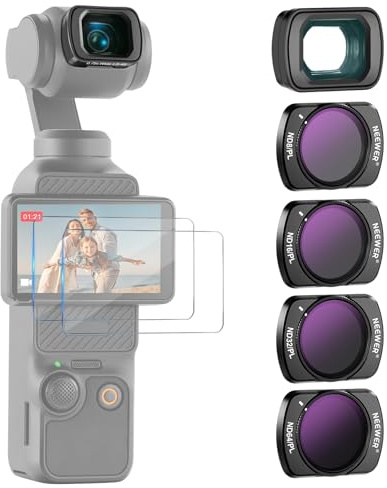 NEEWER Pack de 4 Filtres ND/PL et Objectif Grand Angle 0,75X Compatibles avec DJI Osmo Pocket 3 Creator Combo Accessoires,ND8/PL ND16/PL ND32/PL ND64/PL ND CPL Polarisé avec Protecteurs d'écran,FL-B07