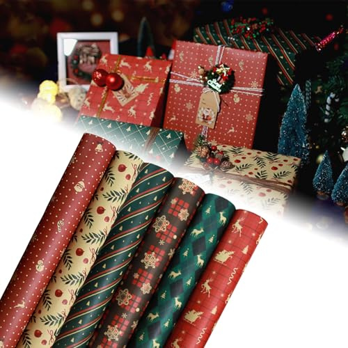 70 * 50cm Christmas Wrapping Paper for Gift,12P Festive Elk Pattern Kraft Gift Wrapping Paper Sheets,Recyclable Retro Red Snowman Xmas Wrapper Present Wrapping Paper for New Year Gift Decorations