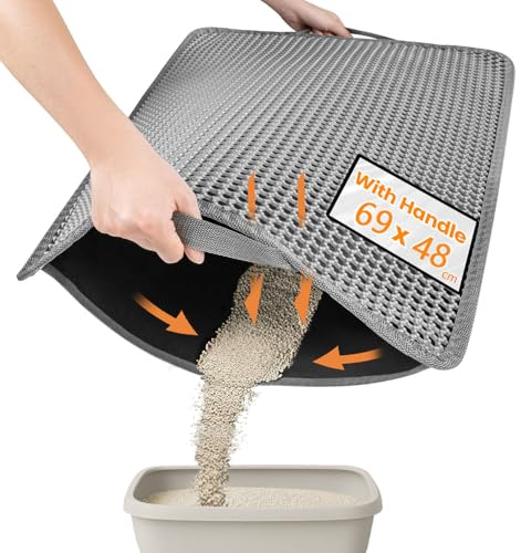 Conlun Alfombrilla para Arenero, 69x48 cm Upgrade con Capa Trasera Super Impermeable, Alfombrilla de Caja de Arena, Antideslizante, Duradera, Suave para las Patas, Alfombrilla de Atrapamiento Gris