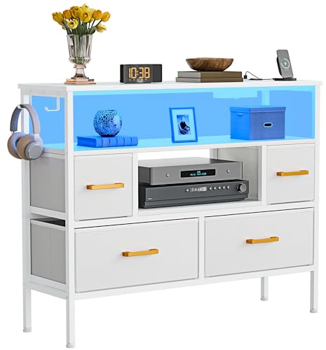 YITAHOME Fabric Drawers Cabinet with Power Outlets & LED Lights, Fabric Chest with 4 Drawers & 2 Hooks, Fits TVs up to 32 Inches, Chest of Drawers for Bedroom, Living Room, Home Office, White