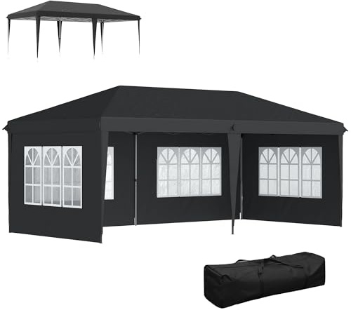 Outsunny Pavillon ca. 3x6m Wasserdicht Pop-up Faltpavillon mit 4 Seitenwänden, Fenster, Partyzelt mit UV-Schutz, Oxford Gartenpavillon inkl. Tragetasche Gartenzelt für Balkon, Terrasse, Schwarz