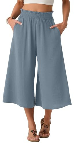 PrinStory Pantalones de verano para mujer, ligeros, de cintura alta, Culotte, de verano, informales, pantalones palazzo de pierna ancha, pantalones con bolsillos