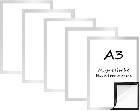 Generisk 5 stycken A3-magnetram fotoram, självhäftande magnetisk diamantmålningsram, vattentät, transparent magnetisk för certifikat, affischer, dokument (A3-silver set med 5)