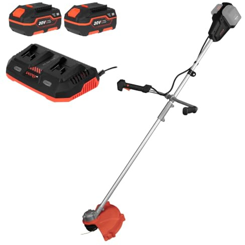 Desbrozadora Inalámbrica DTC-200BC Dual 2x20V - Cortabordes a Batería con Corte 350 mm y Cuchilla 3T 255 mm, 7000 RPM y Función Reversa - Kit Que Incluye 2 Baterías 4Ah y Cargador Dual - por Dnipro-M