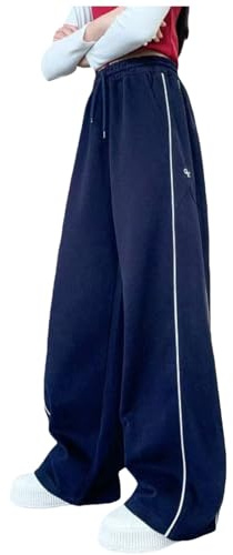 Wide Leg Trousers for Girls Baggy Joggers Kids Jogging Tracksuit Bottoms Teen Y2K Side Striped Long Sweatpants Track Pants Athletic Clothes (Navy, 13-14)