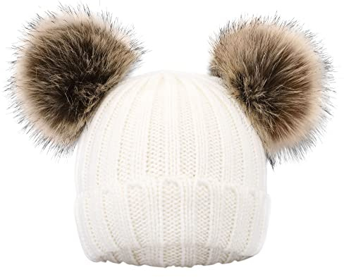 Simplicity White Kids Plush Lined Beanie Hat with Pom, Unisex-Kids