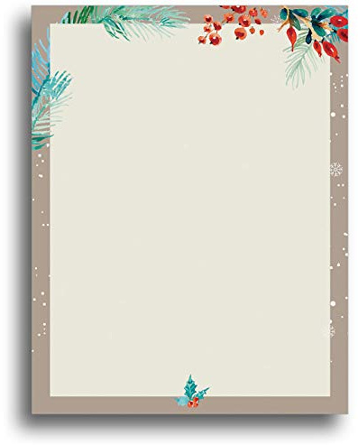 Watercolor Christmas Border Holiday Stationery Paper - 80 Sheets - 8.5 x 11 - Festive Christmas Stationery with Pine Branches, Holly & Snowflake Border Design - Inkjet/Laser Printer Compatible