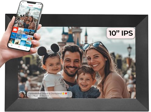 Digitaler Bilderrahmen 10,1 Zoll mit WLAN – Frameo Digital Photo Frame mit Touchscreen & 16 GB Speicher – Elektrischer Fotorahmen mit App-Steuerung, USB & SD, Bilderrahmen Digital & Schwarz