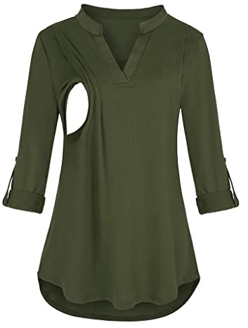 Chaconka Femmes Enceintes Chemise de Maternité Allaitement à Manches Longues Col Rond Haut Chemisier Carreaux Solide Pull Tunique T-Shirt Grossesse Grande Taille Atuomne Hiver, Vert, M
