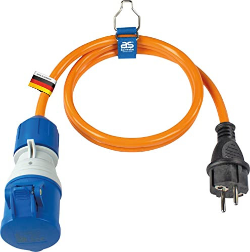 as - Schwabe Camping CEE-Adapterleitung 1,5 m orange - CEE-Kupplung 3-polig mit powerlight Spannungsanzeige + Schutzkontaktstecker - für Camping und Outdoor-Einsatz - spritzwassergeschützt IP44, 62434