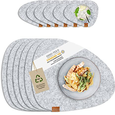 MIQIO® Set di tovagliette + sottobicchiere in feltro Stone – Sostenibili Premium | Testato contro la presenza di sostanze nocive | Realizzato in 100% bottiglie di PET riciclate | 40 x 32 cm lavabile
