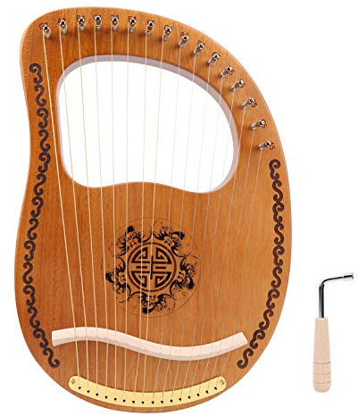 Lyra-Harfe, Tragbar, 16 Metallsaiten, Mahagoni-Körper, Lyra-Harfensattel, Antikes Griechisches Holz-Saiteninstrument mit Geschnitztem Ahornsattel, Stimmschlüssel und Handbuch