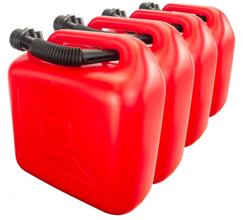 Trevendo Kraftstoffkanister für Benzin und Diesel, Benzinkanister, Reservekanister, Deckel mit Dichtring, Flexibler Ausgießer, AdBlue-beständig, rot (4 Kanister, 10 Liter)