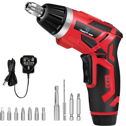 C P CHANTPOWER Cordless Electric Screwdriver Set, 6 +1 Torque Setting Rechargeable 4V Small Screwdriver with 11 Accessories, Flashlight and Charger Red