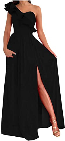 2023 Vestidos Largo Mujer Moda Color sólido Fiesta Vestido de Noche un Hombro Volante Elegante Vestidos de Cóctel sin Manga Extra Larga Casual Vestido Partido Novia Boda Vestir