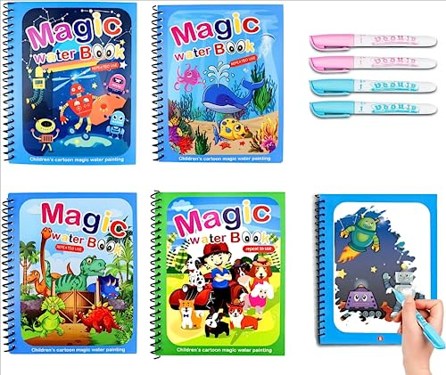 4 Pièces Livre de Dessin Magique de l'eau, Livre Magique à L'Eau avec Stylo Leau, Enfant Magic Water Book,Réutilisable,Jouets Peinture pour Tout-Petits Garçons Filles Présents