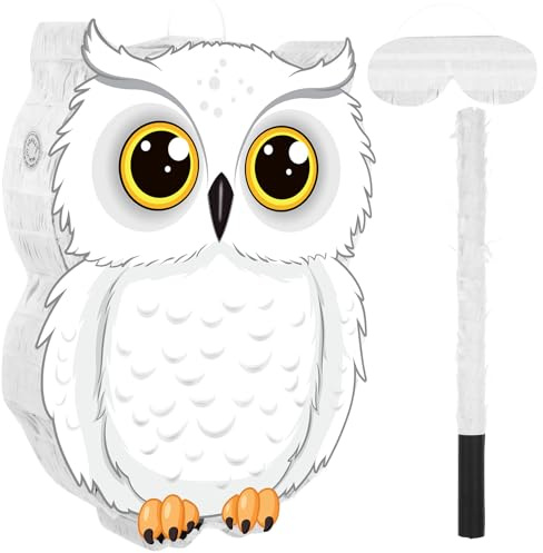 Aoriher Owl Piñata with Stick Blindfold Confetti 3D White Snowy Owl Piñatas Set for Woodland Forest Wizard Animal Party Shower Game Birthday Party Decorations Supplies