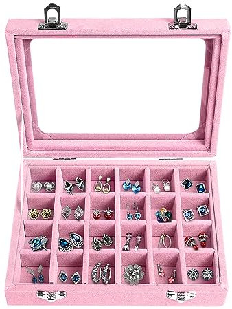EONGOA 24 Grid Velvet Jewelry Tray for Drawers Detachable Jewelry Showcase Box Glass Clear Lid Showcase Display Storage Ring Trays Holder Earrings Organizer Case (Light Pink)