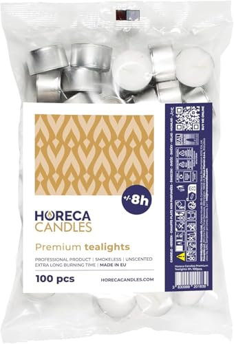 Horeca Candles - Teelichter 8 Stunden Brenndauer - Weiß - 100 Stück - Im Beutel - Aluhülle - Kerzen zum Feiern, Deko, Hochzeit, Gastro, Party - Ohne Duft - Premium Qualitä
