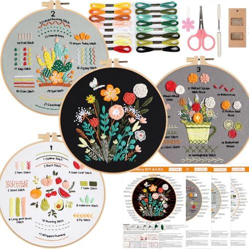 Smart-Feather 4 Sets Stitches Embroidery kit for Beginners, Hand Embroidery Kits for Adults with Hoop, DIY Art Project Craft Kit (Colorful)
