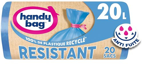 Handy Bag - Sacs poubelle à lien Résistant 20L x 20 sacs - Performants : film plastique résistant - Étanchéité maximale - 100% plastique recyclé