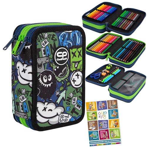 Goldkids - Federmäppchen 3 Fächer - Mäppchen für Mädchen und Jungen - Federmappe 3-Fach Federtasche Gefüllte Schüleretui 46-teilig - Schulmäppchen und Hausaufgabenheft - Monster Team Motiv