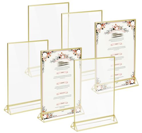 QWORK® 6 Stück Gold Picture Frames, A5 Acrylic Sign Holder Double Sided, Table Number Holders, for Wedding, Restaurant